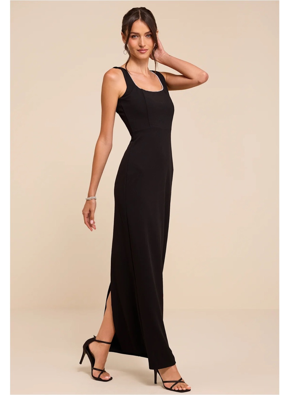 Lulus Timeless Poise Black Rhinestone Square Neck Backless Crepe Maxi Dress M